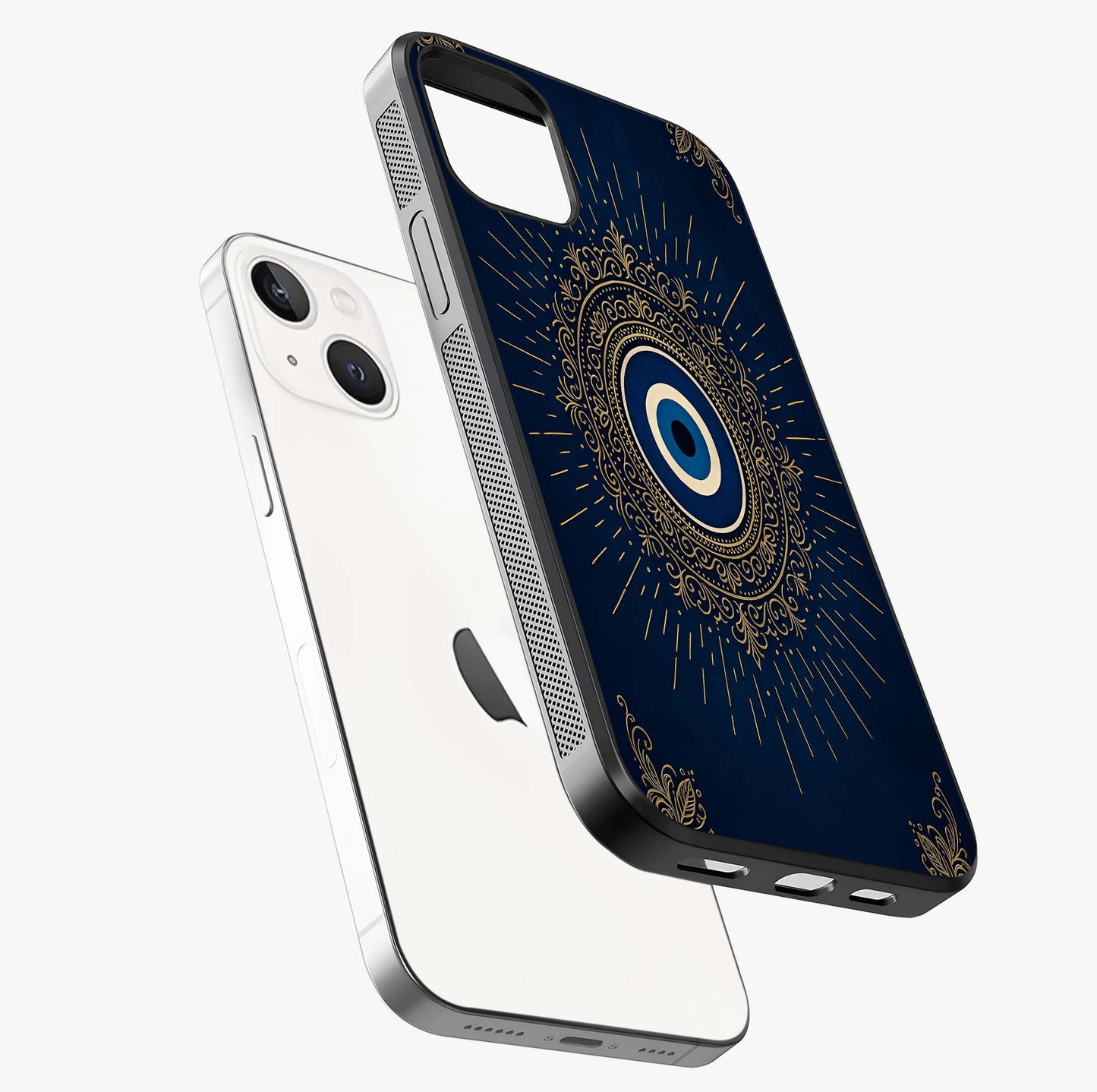 Golden Evil Eye Mandala Glass Case laid diagonally highlighting side profile, edges and glossy glass shine.
