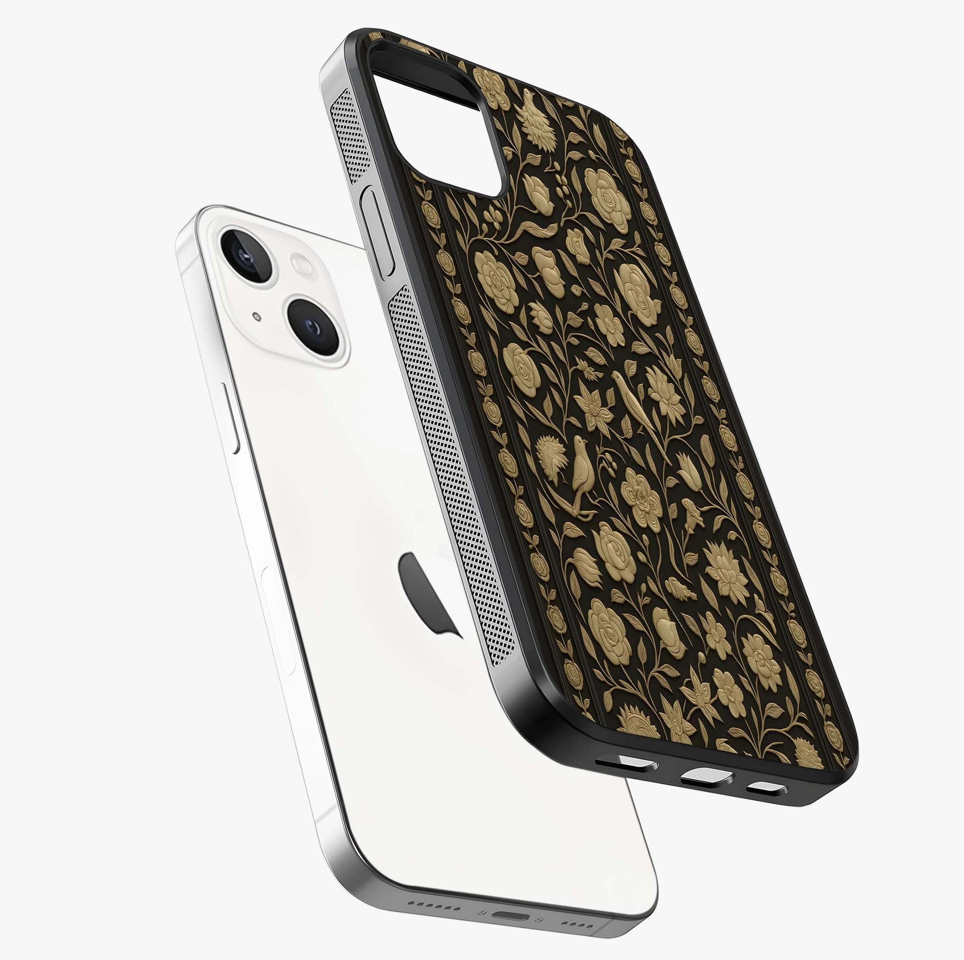 Golden Floral Majesty Glass Case laid diagonally highlighting side profile, edges and glossy glass shine.