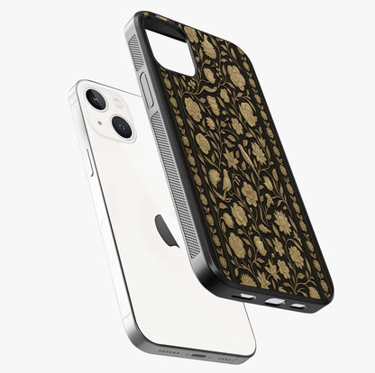 Golden Floral Majesty Glass Case laid diagonally highlighting side profile, edges and glossy glass shine.