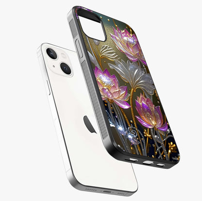 Golden Lotus Glow Glass Case laid diagonally highlighting side profile, edges and glossy glass shine.