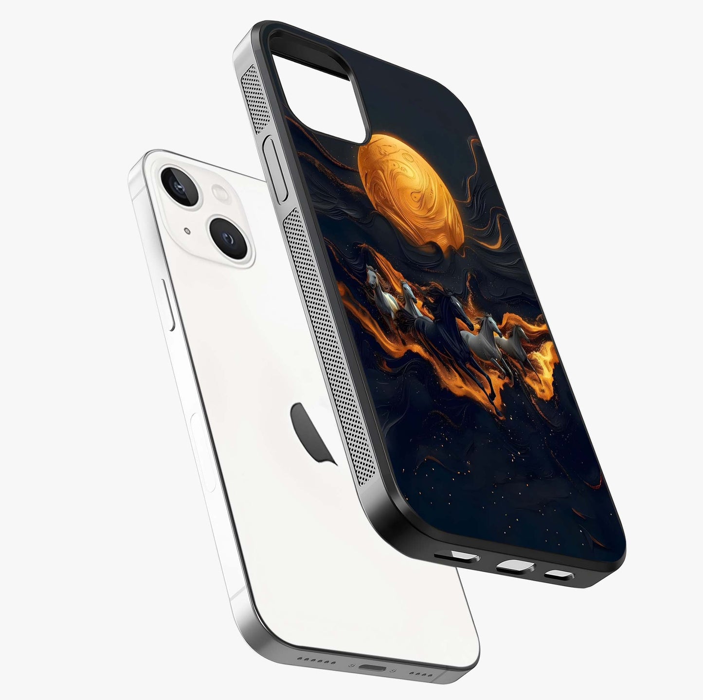 Golden Stallion Moonride Glass Case laid diagonally highlighting side profile, edges and glossy glass shine.