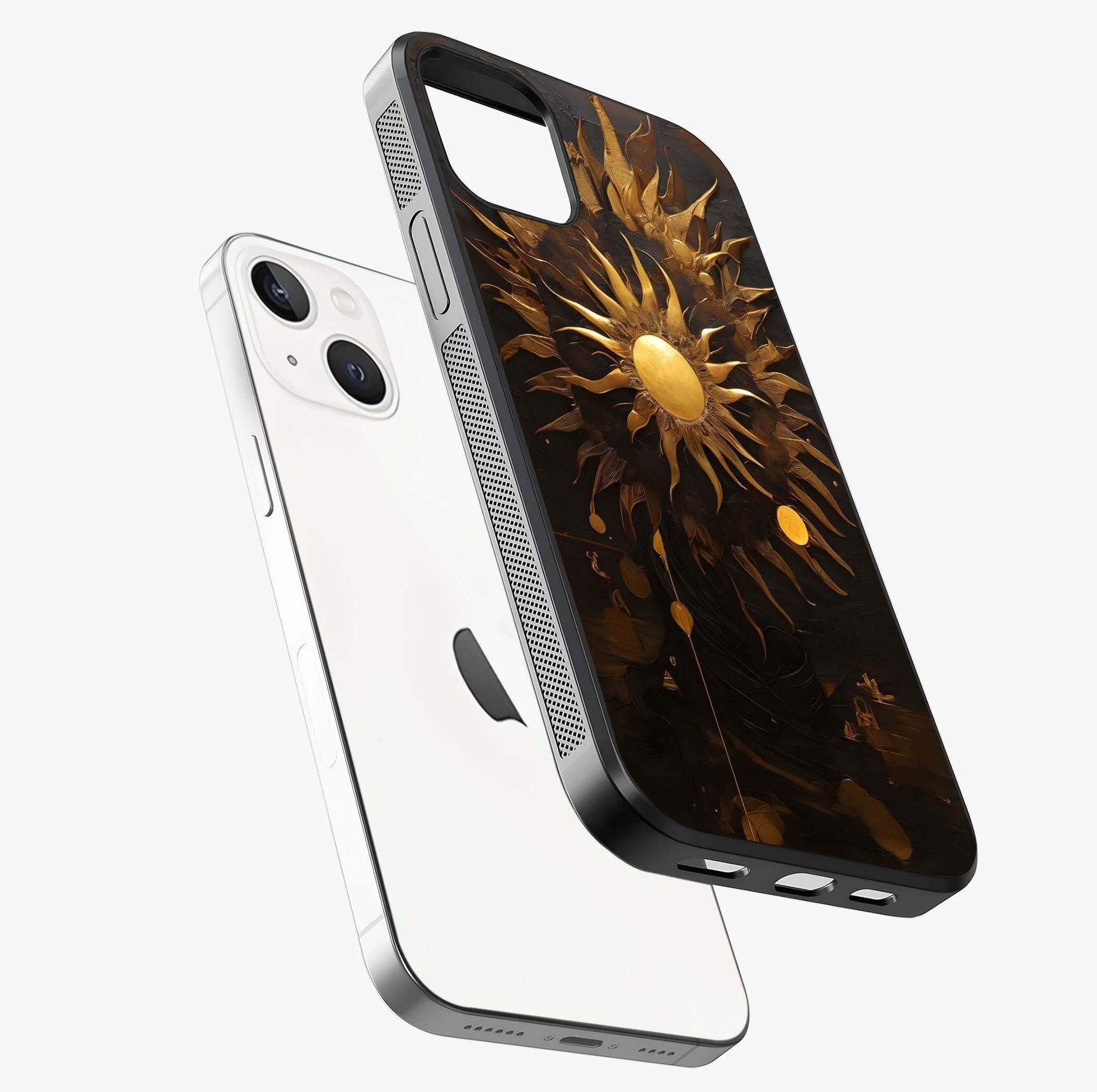Golden Sun Majesty Glass Case laid diagonally highlighting side profile, edges and glossy glass shine.