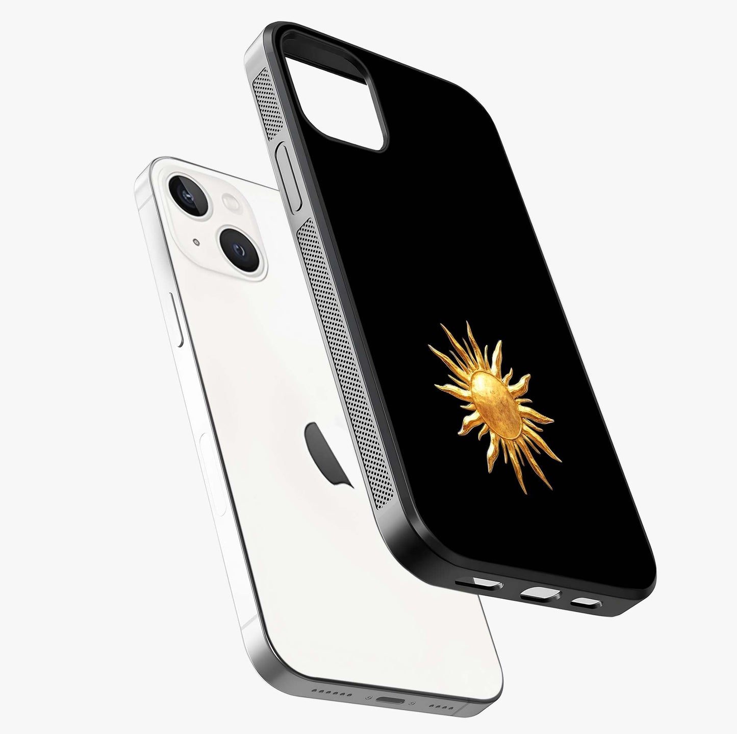 Golden Sun Minimalism Glass Case laid diagonally highlighting side profile, edges and glossy glass shine.