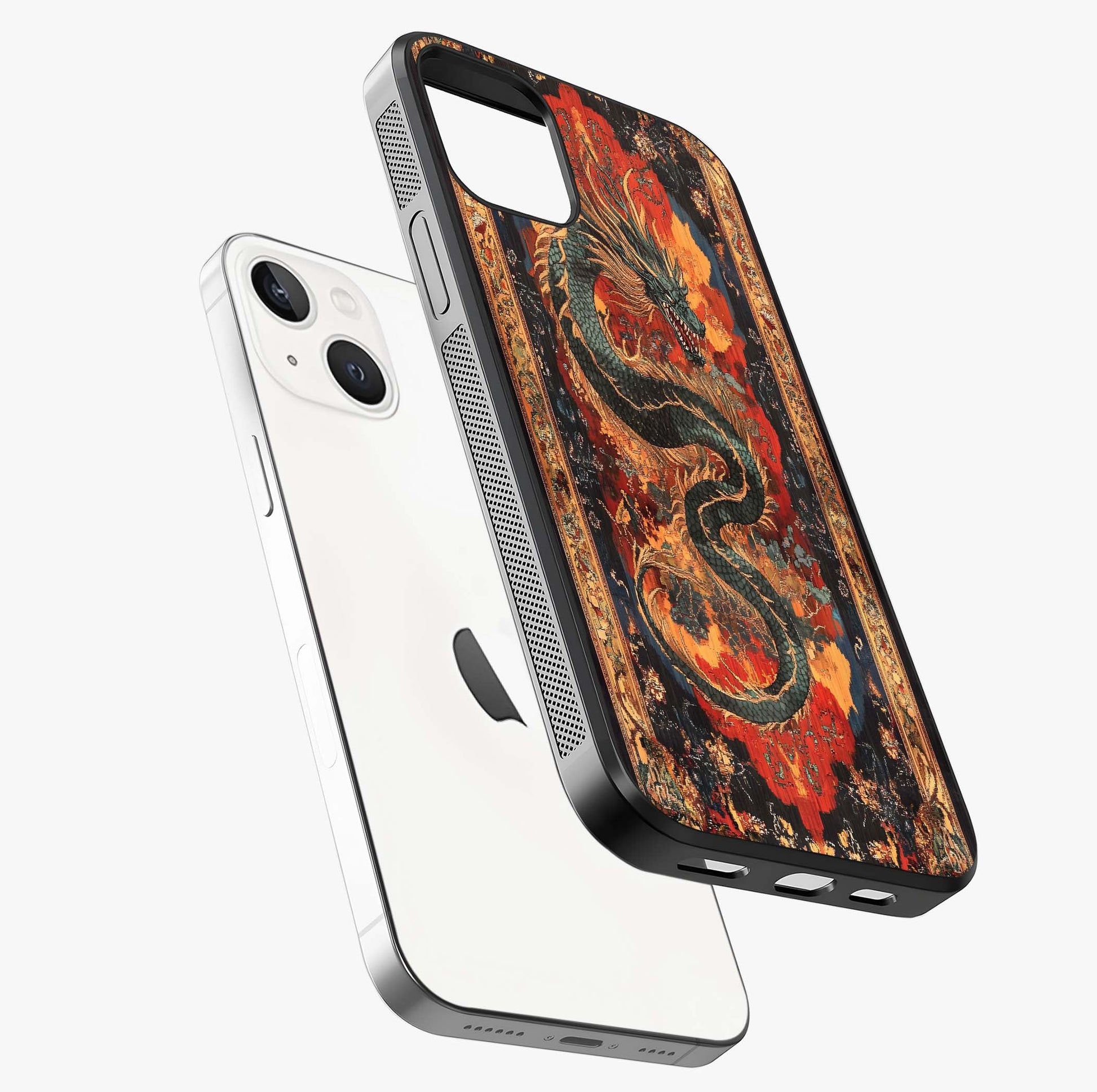 Inferno Dragon Soul Glass Case laid diagonally highlighting side profile, edges and glossy glass shine.