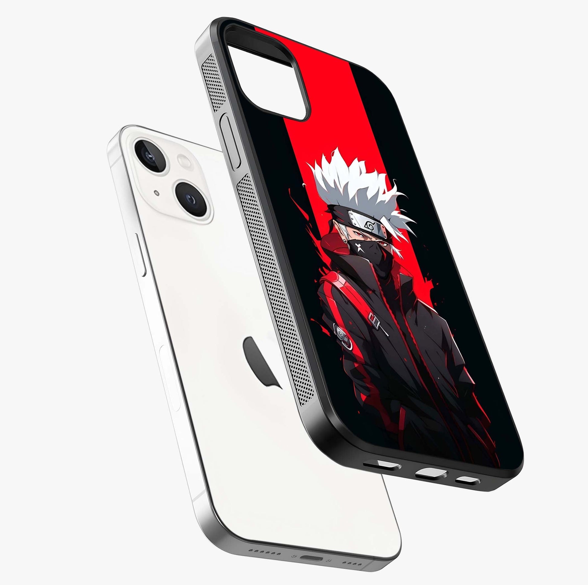 Kakashi Scarlet Shadow Glass Case laid diagonally highlighting side profile, edges and glossy glass shine.