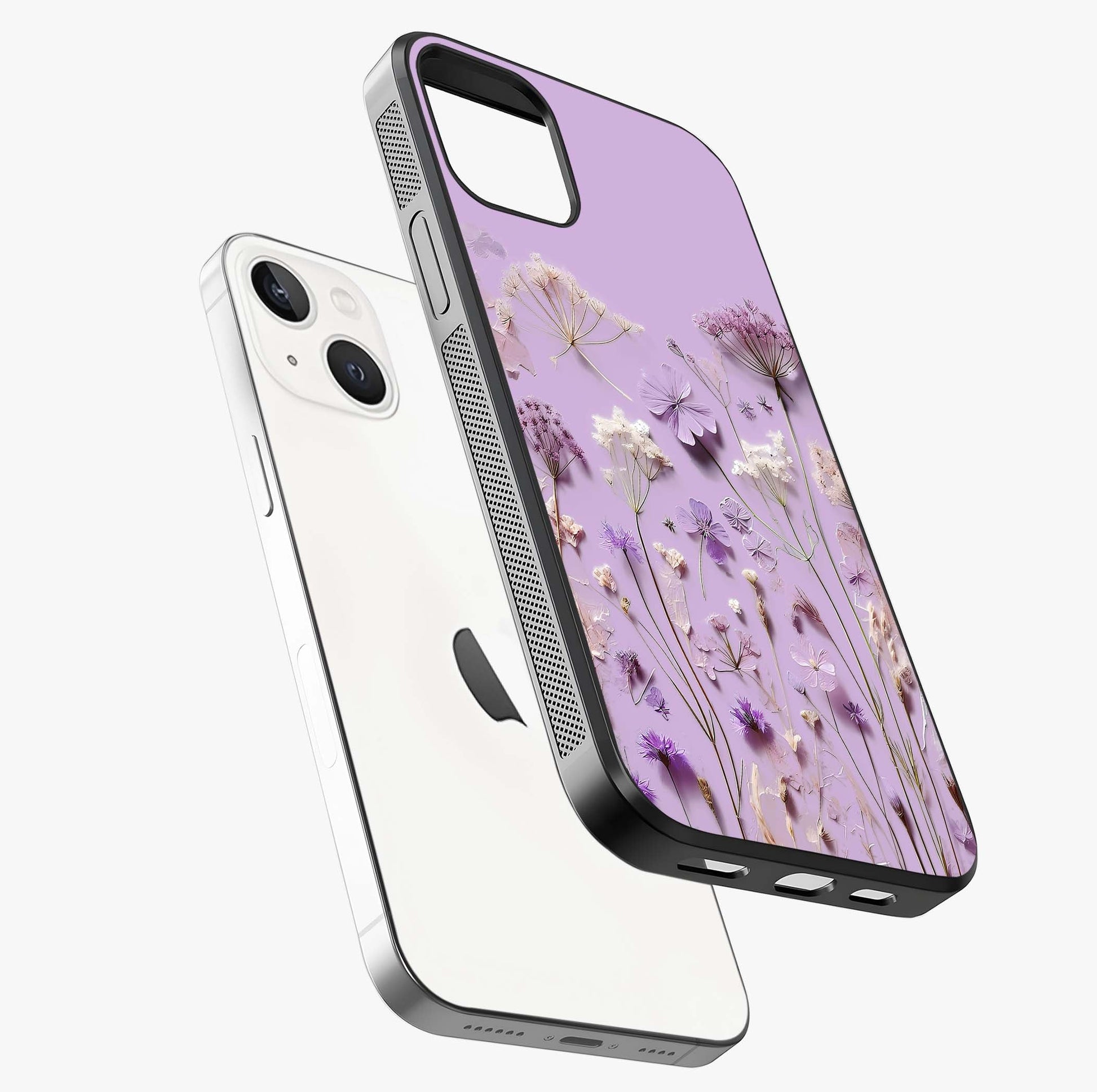 Lavender Blossom Dream Glass Case laid diagonally highlighting side profile, edges and glossy glass shine.