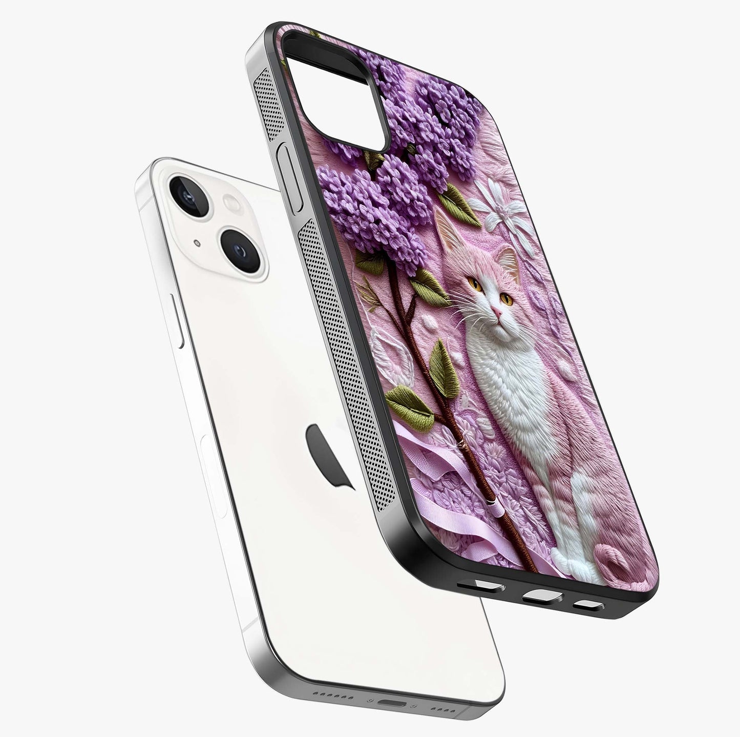 Lavender Cat Whimsy Glass Case laid diagonally highlighting side profile, edges and glossy glass shine.
