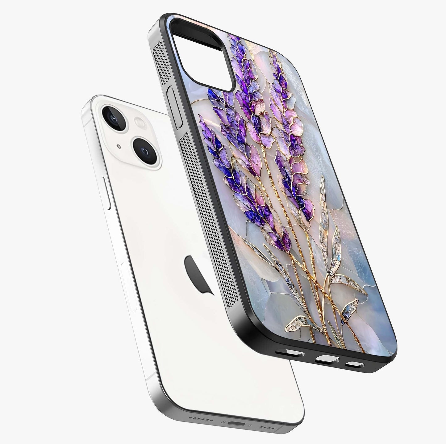 Lavender Dream Glow Glass Case laid diagonally highlighting side profile, edges and glossy glass shine.