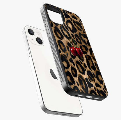 Leopard Wild Cherry Glass Case laid diagonally highlighting side profile, edges and glossy glass shine.