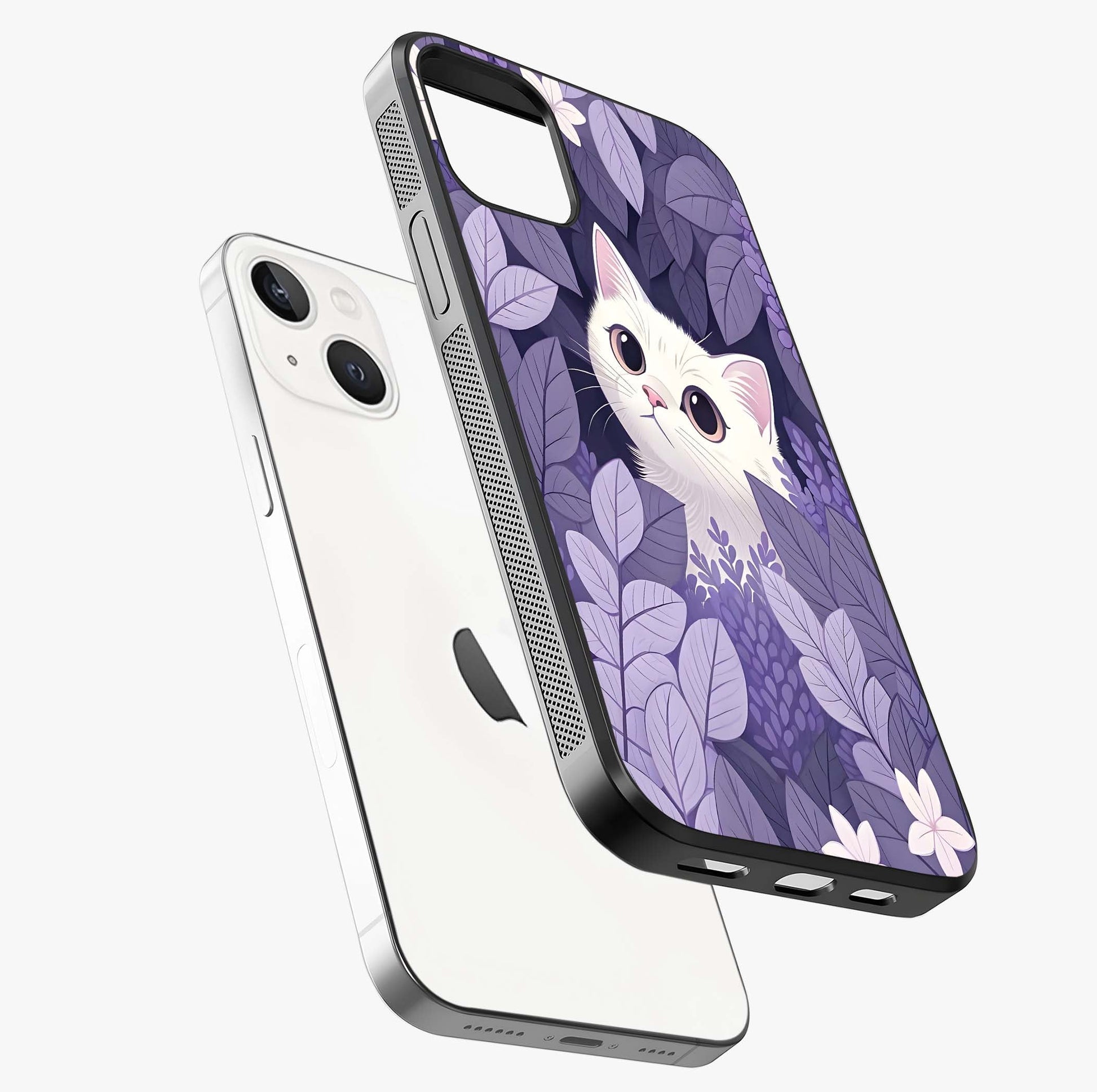 Lilac Hide Peek Cat Glass Case laid diagonally highlighting side profile, edges and glossy glass shine.