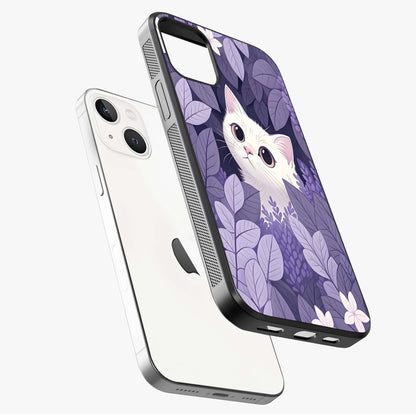 Lilac Hide Peek Cat Glass Case laid diagonally highlighting side profile, edges and glossy glass shine.