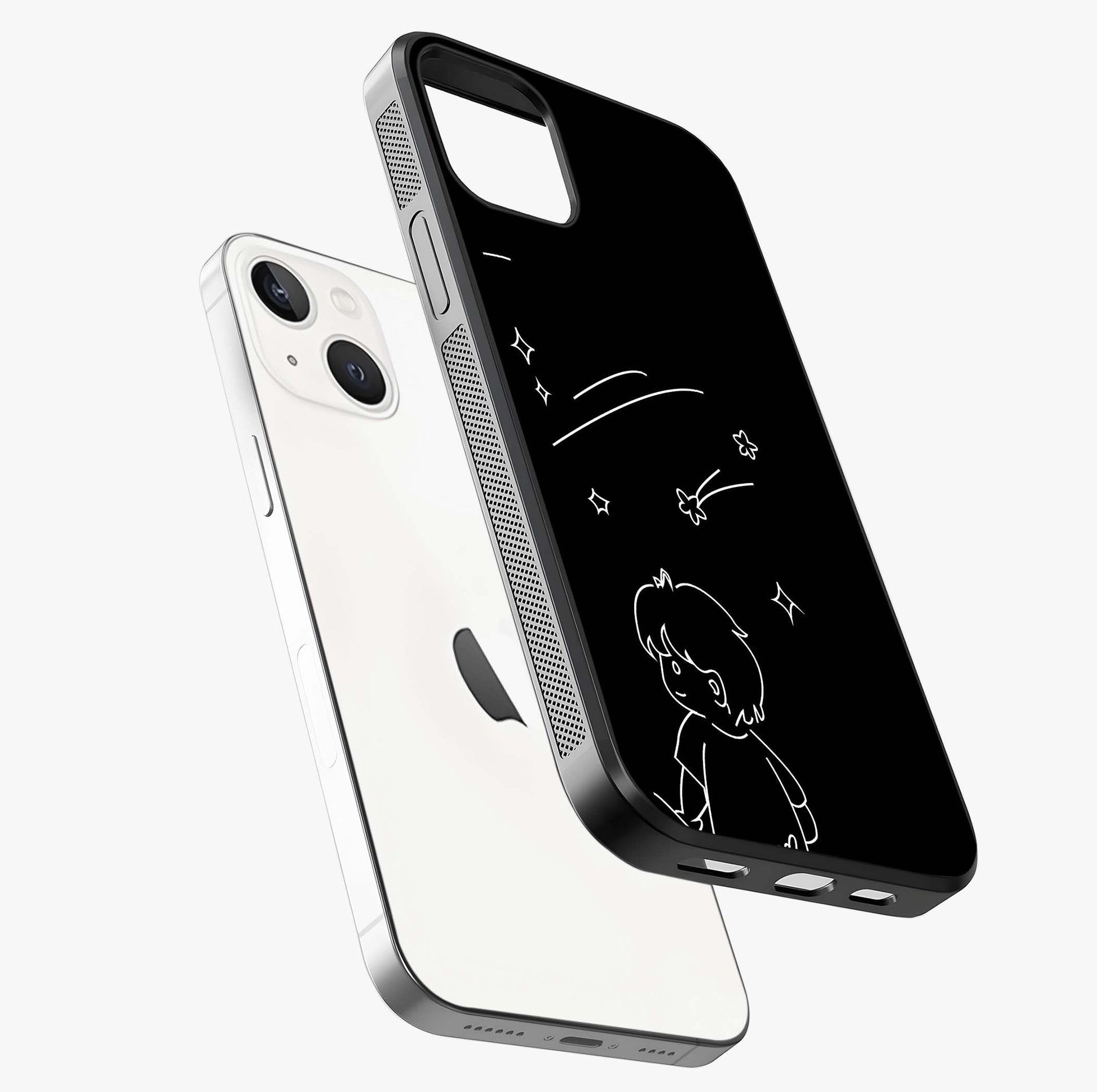 Line Art Boy With Shooting Stars Glass Case laid diagonally highlighting side profile, edges and glossy glass shine.