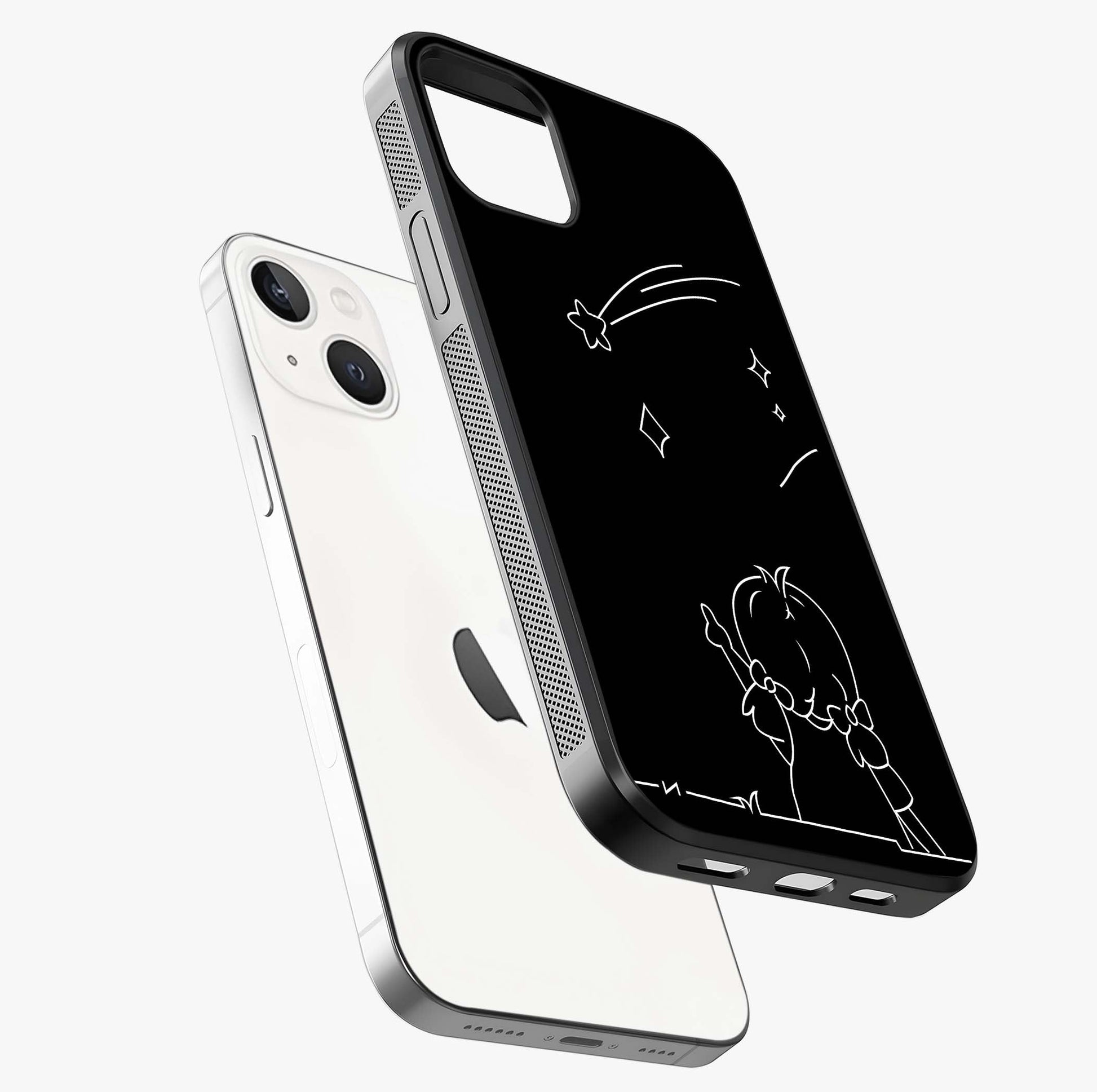 Line Art Girl With Shooting Stars Glass Case laid diagonally highlighting side profile, edges and glossy glass shine.
