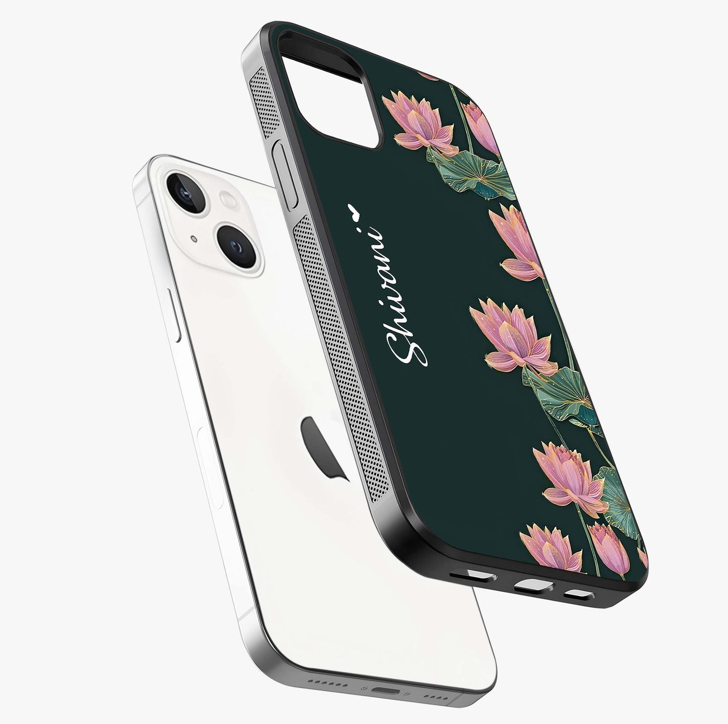 Lotus Bloom Serenity Custom Name Glass Case laid diagonally highlighting side profile, edges and glossy glass shine.