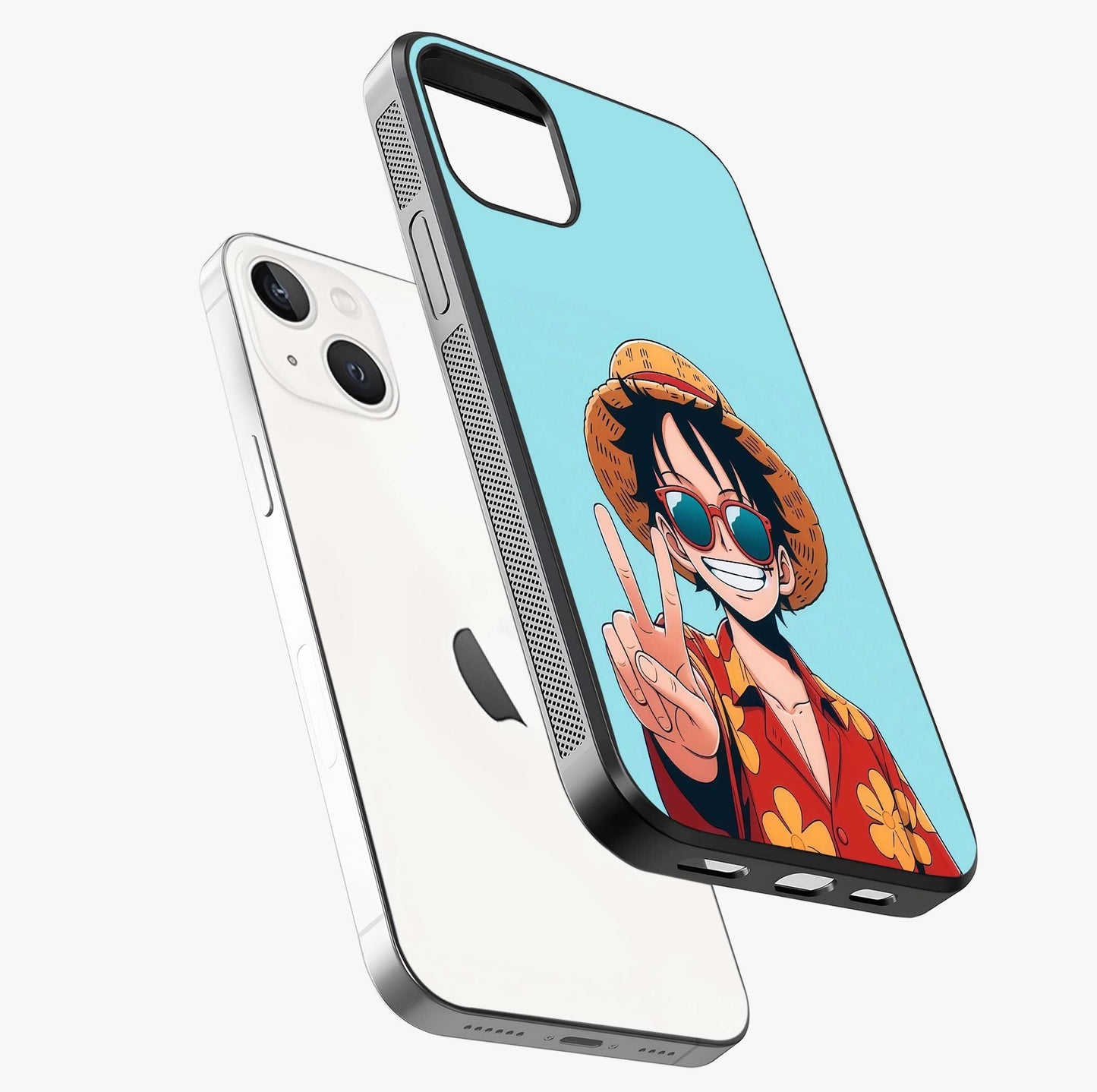 Luffy Summer Anime Vibe Glass Case laid diagonally highlighting side profile, edges and glossy glass shine.