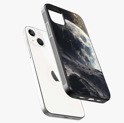 Lunar Horizon Glow Glass Case laid diagonally highlighting side profile, edges and glossy glass shine.