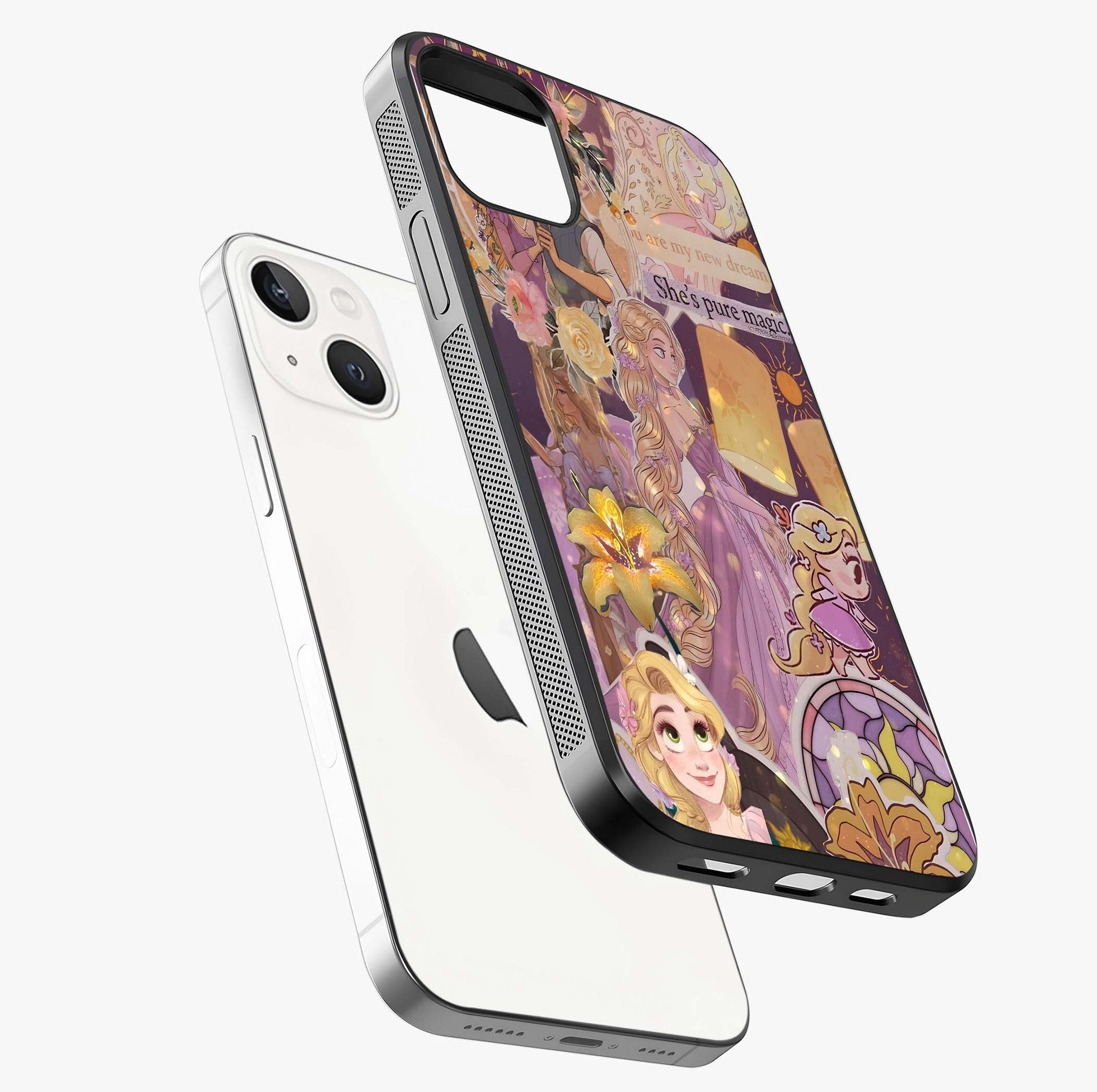 Magical Tangled Dream Glass Case laid diagonally highlighting side profile, edges and glossy glass shine.