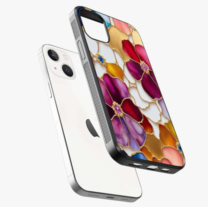 Marble Flower Pattern Glass Case laid diagonally highlighting side profile, edges and glossy glass shine.
