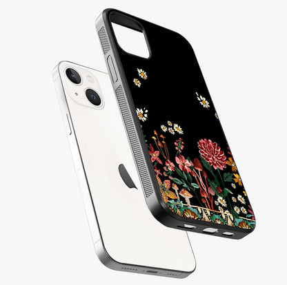 Midnight Bloom Pattern Glass Case laid diagonally highlighting side profile, edges and glossy glass shine.