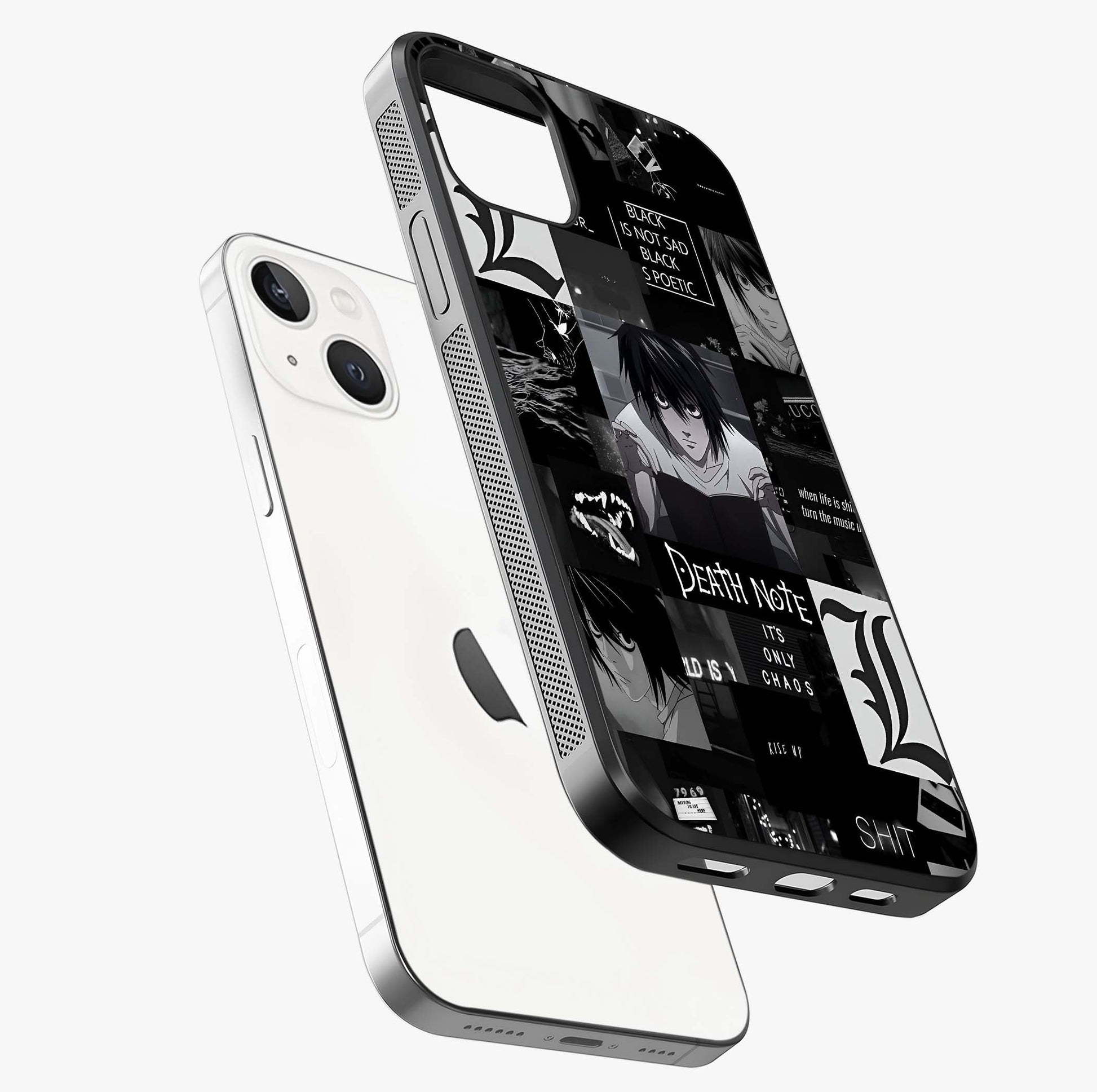 Midnight Chaos Mind Glass Case laid diagonally highlighting side profile, edges and glossy glass shine.