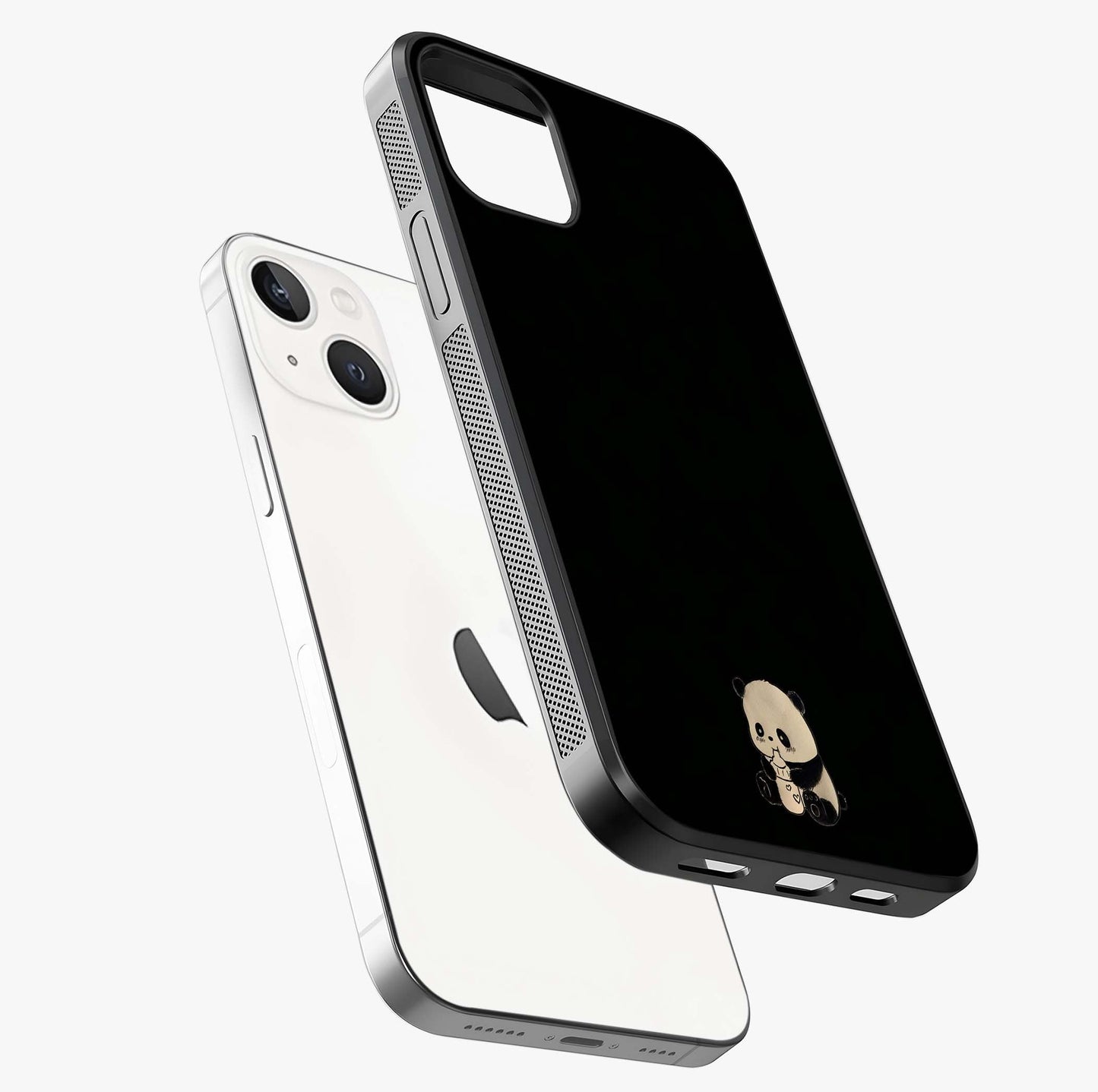 Midnight Panda Love Glass Case laid diagonally highlighting side profile, edges and glossy glass shine.