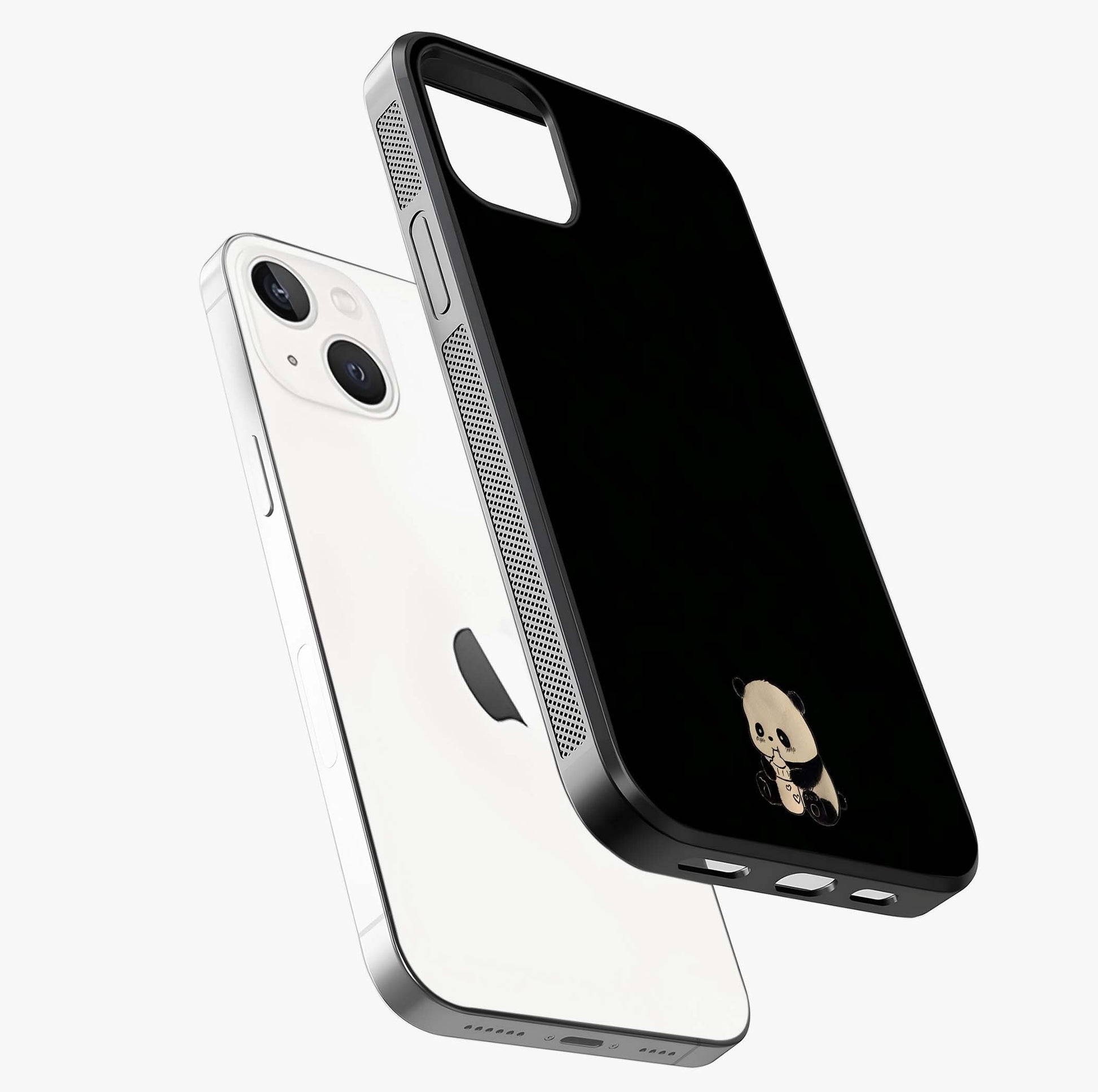 Midnight Panda Love Glass Case laid diagonally highlighting side profile, edges and glossy glass shine.