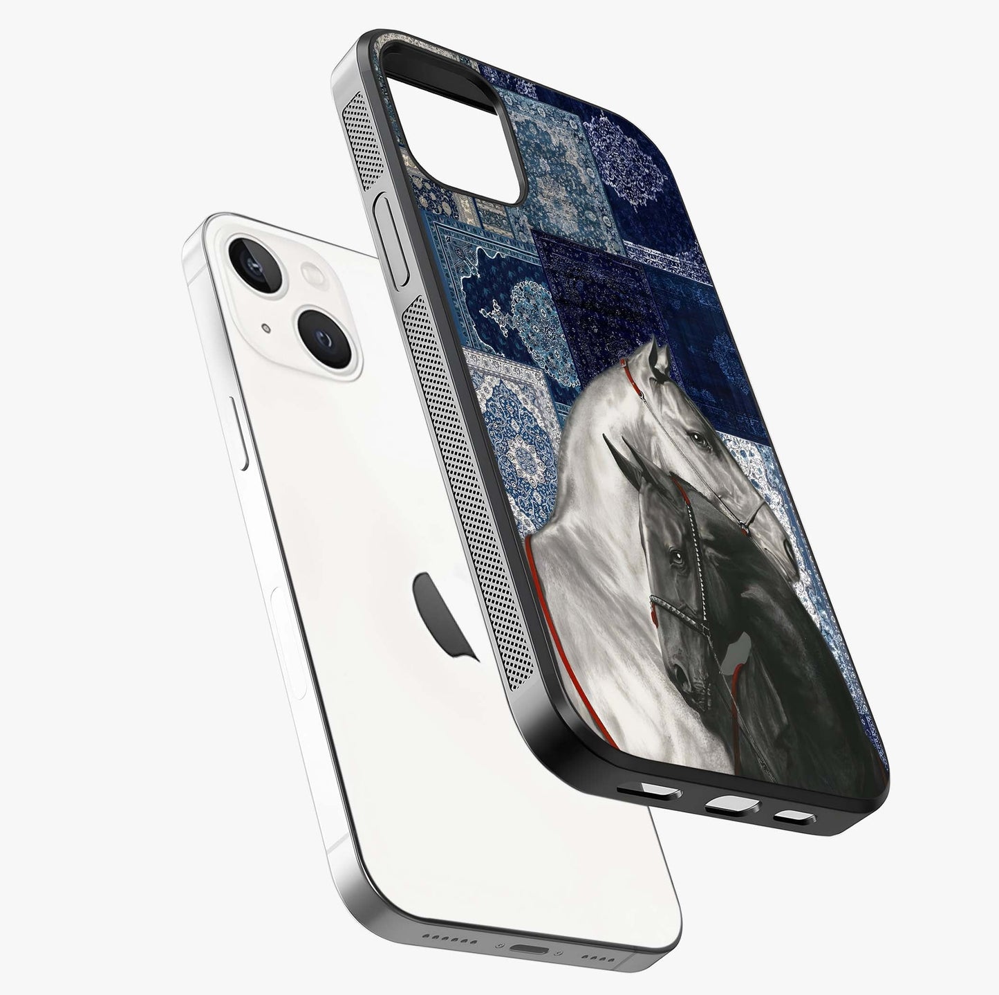 Midnight Stallion Blues Glass Case laid diagonally highlighting side profile, edges and glossy glass shine.