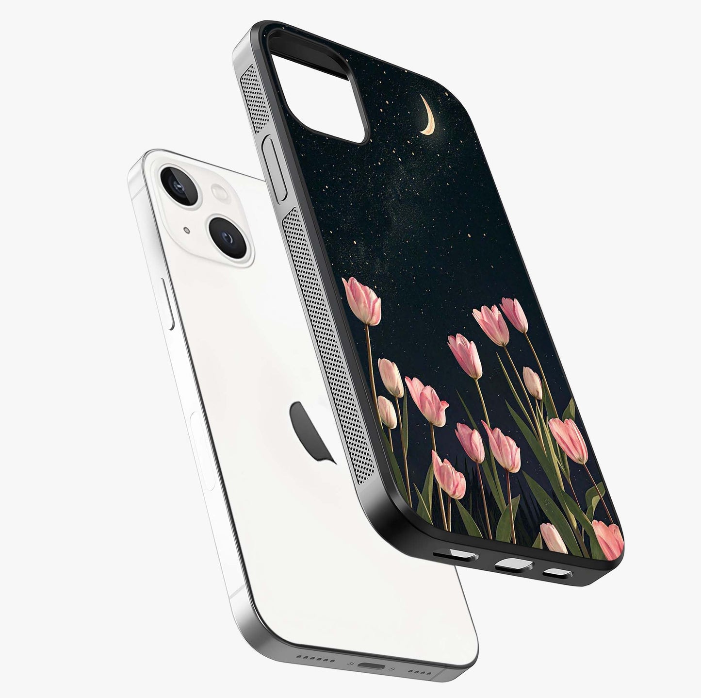 Midnight Tulip Whispers Vibe Glass Case laid diagonally highlighting side profile, edges and glossy glass shine.