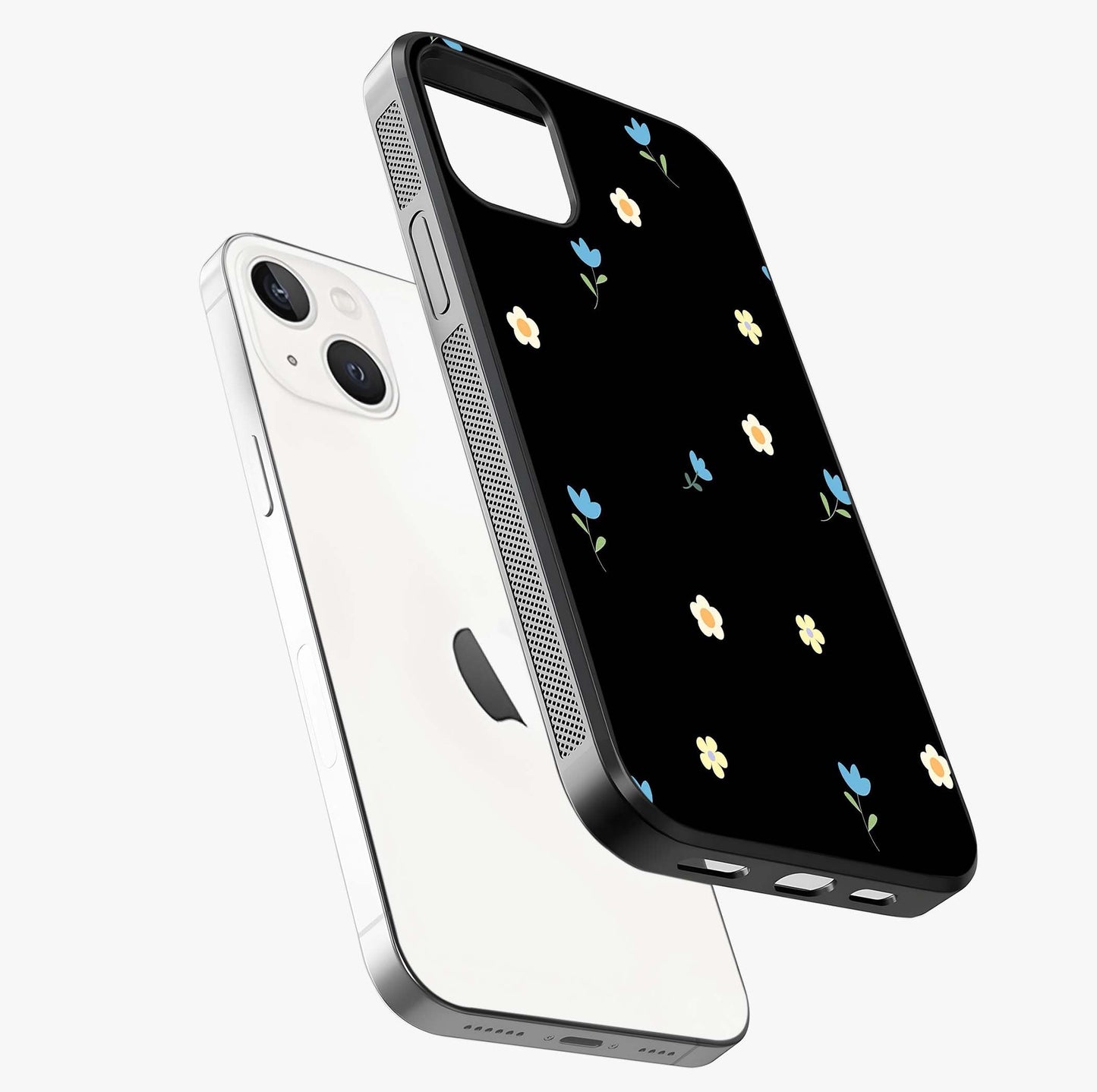 Minimalistic Blue With White Flower Pattern Glass Case laid diagonally highlighting side profile, edges and glossy glass shine.