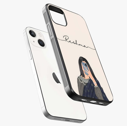 Mirror Mood Muse With Custom Name Glass Case laid diagonally highlighting side profile, edges and glossy glass shine.