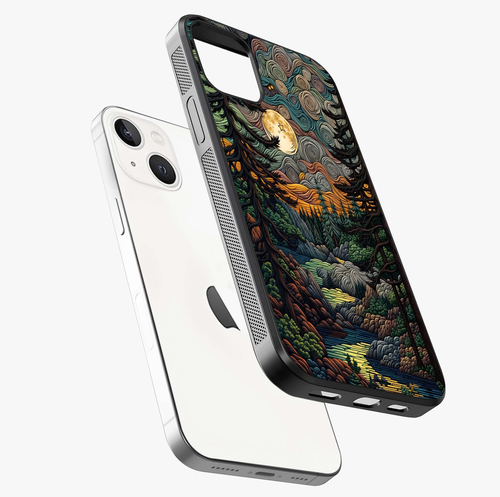 Moonlight Forest Dream Glass Case laid diagonally highlighting side profile, edges and glossy glass shine.