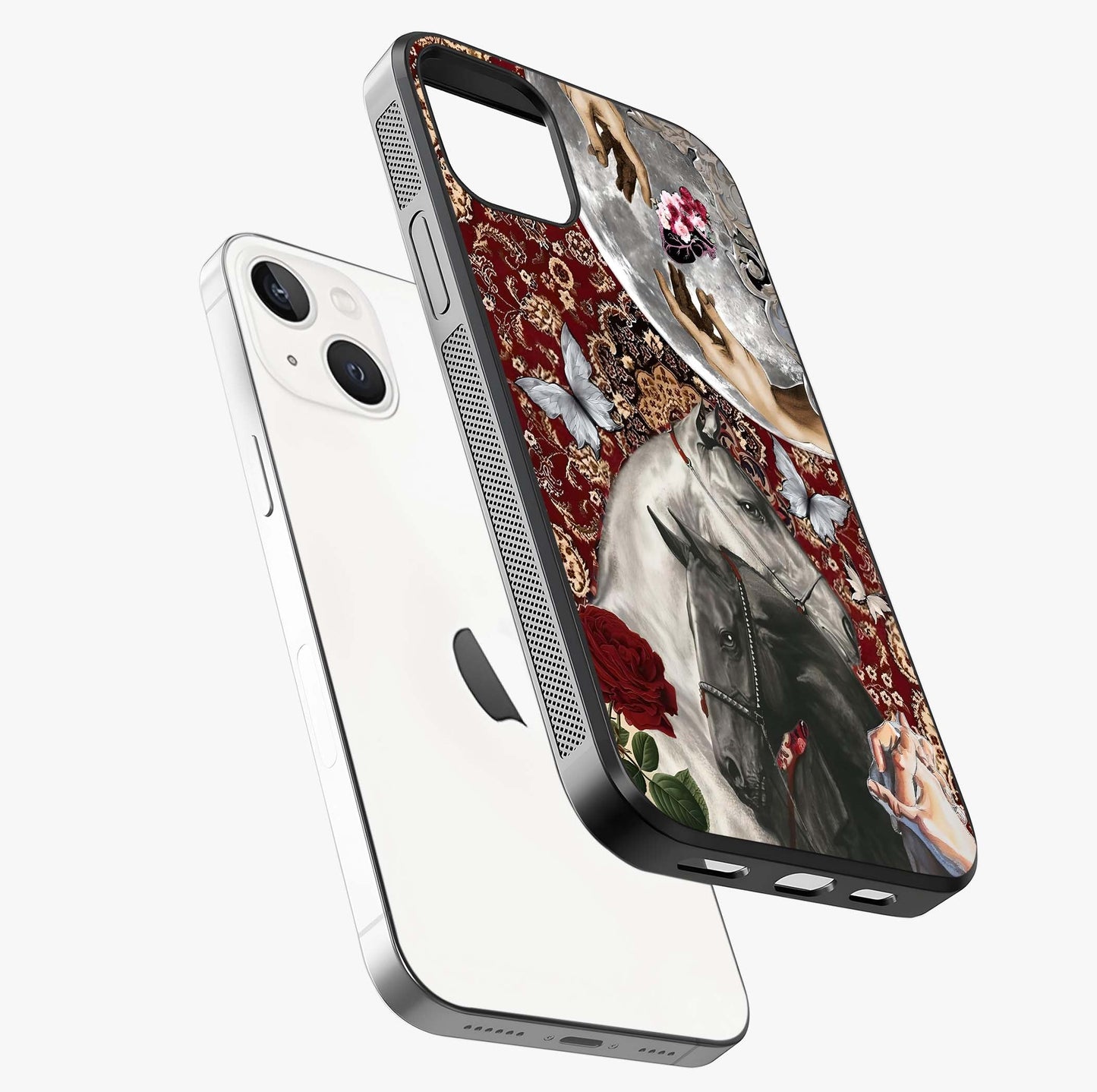 Moonlit Royal Stallion Glass Case laid diagonally highlighting side profile, edges and glossy glass shine.