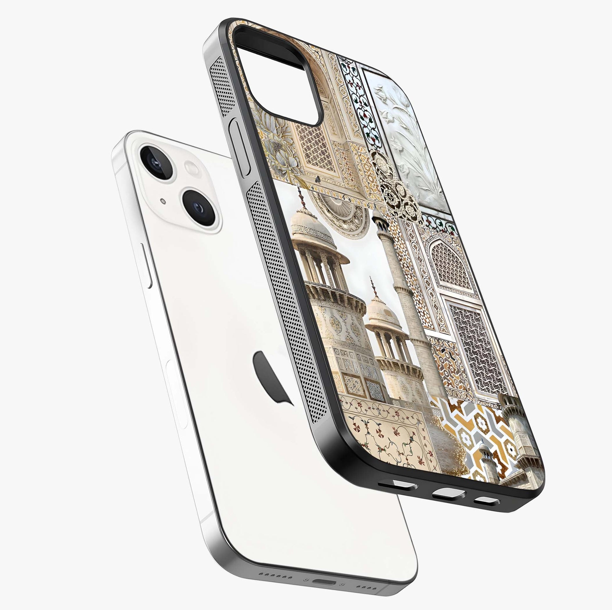 Mughal Marble Legacy Glass Case laid diagonally highlighting side profile, edges and glossy glass shine.