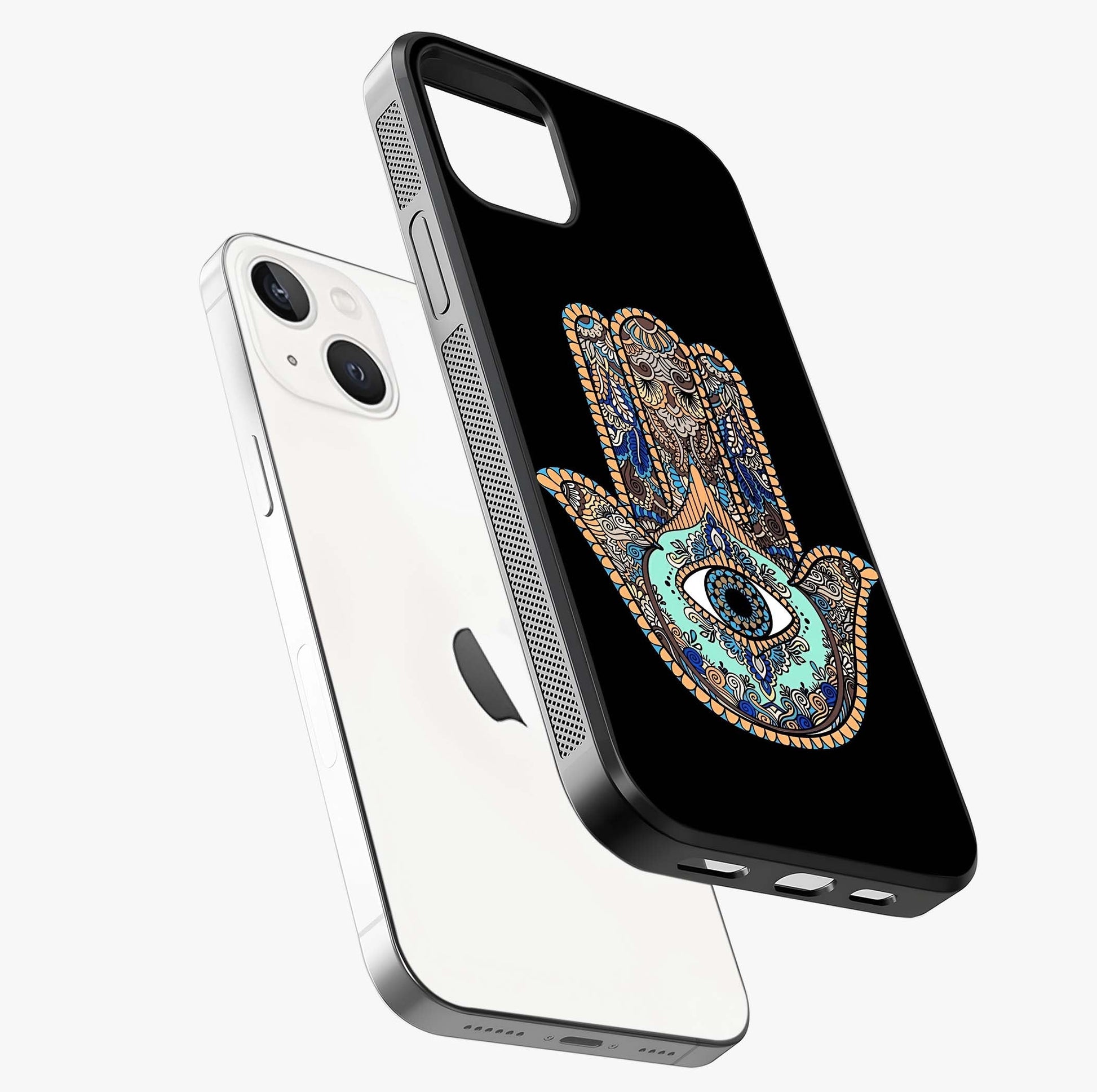 Mystic Hamsa Eye Glass Case laid diagonally highlighting side profile, edges and glossy glass shine.