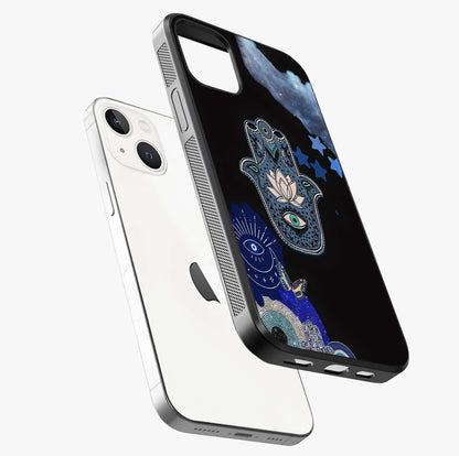 Mystic Hand Aura Glass Case laid diagonally highlighting side profile, edges and glossy glass shine.