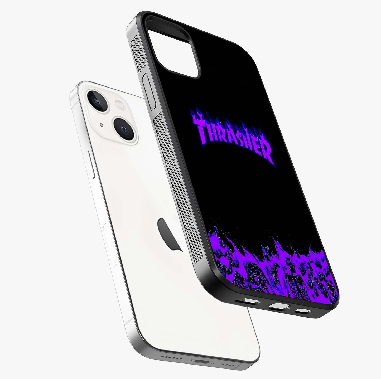 Neon Flame Riot Glass Case laid diagonally highlighting side profile, edges and glossy glass shine.