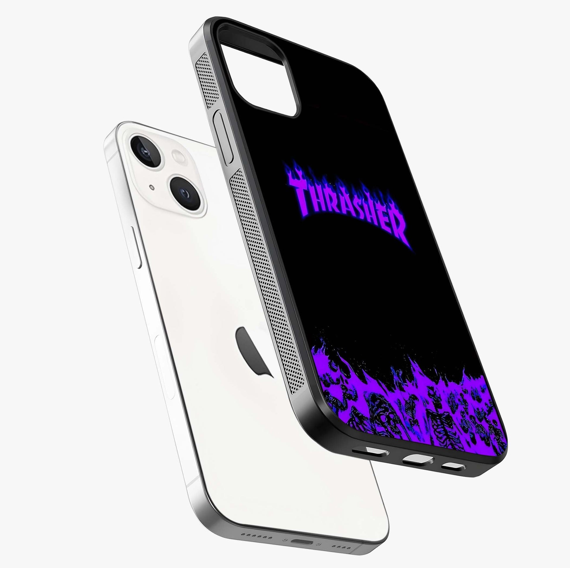Neon Flame Riot Glass Case laid diagonally highlighting side profile, edges and glossy glass shine.