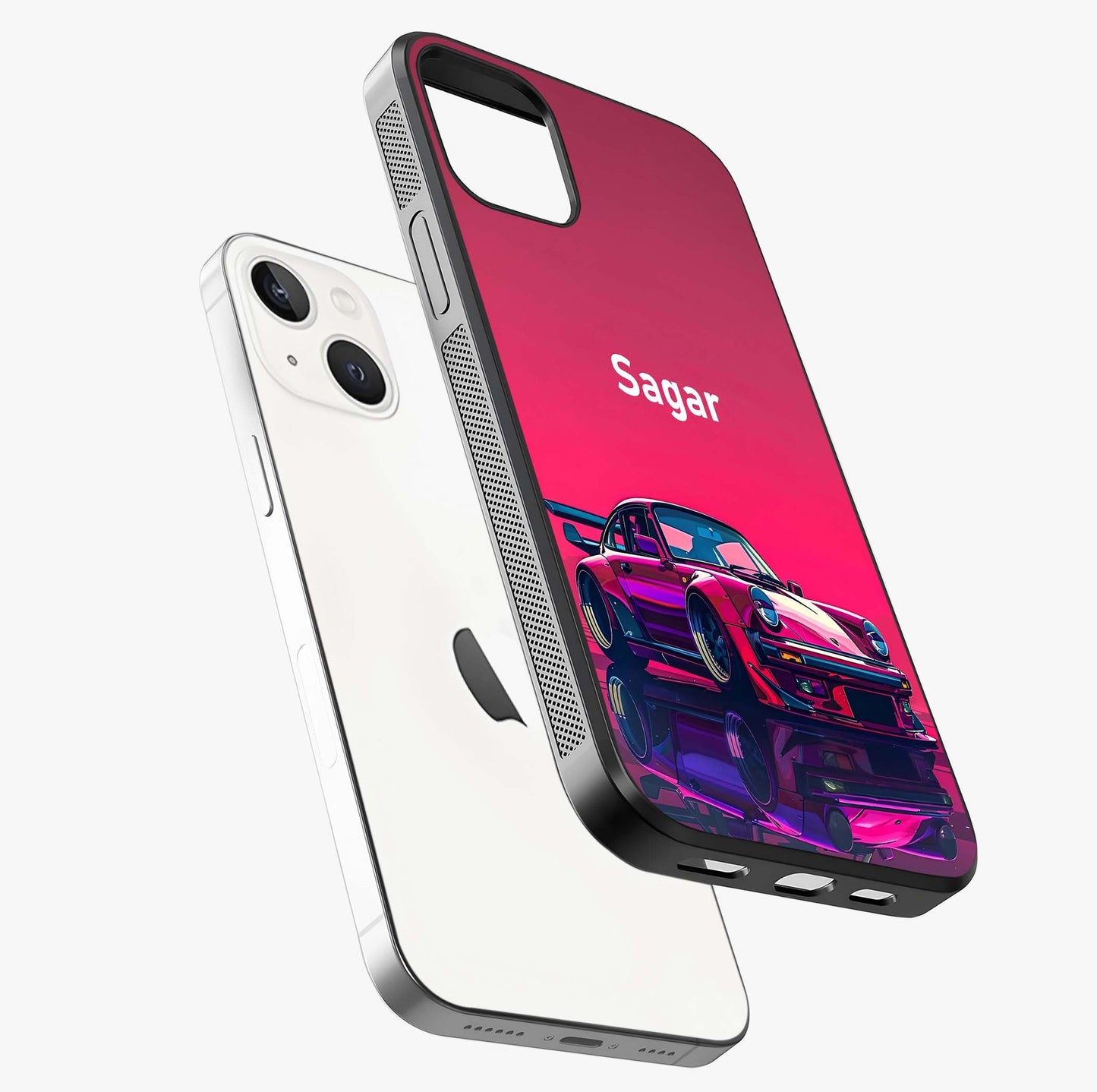 Neon Pink Porsche Glass Case laid diagonally highlighting side profile, edges and glossy glass shine.