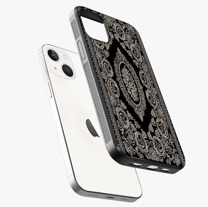 Noir Bloom Elegance Glass Case laid diagonally highlighting side profile, edges and glossy glass shine.