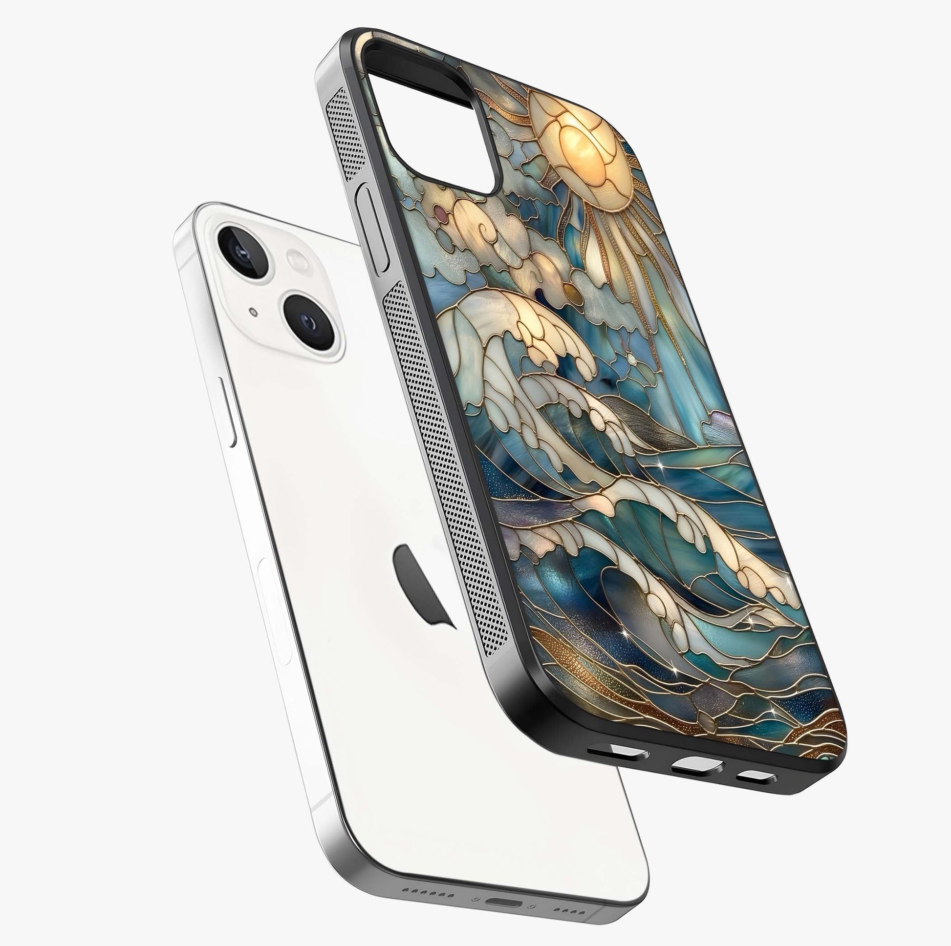 Oceanic Stained Printed Glass Case laid diagonally highlighting side profile, edges and glossy glass shine.