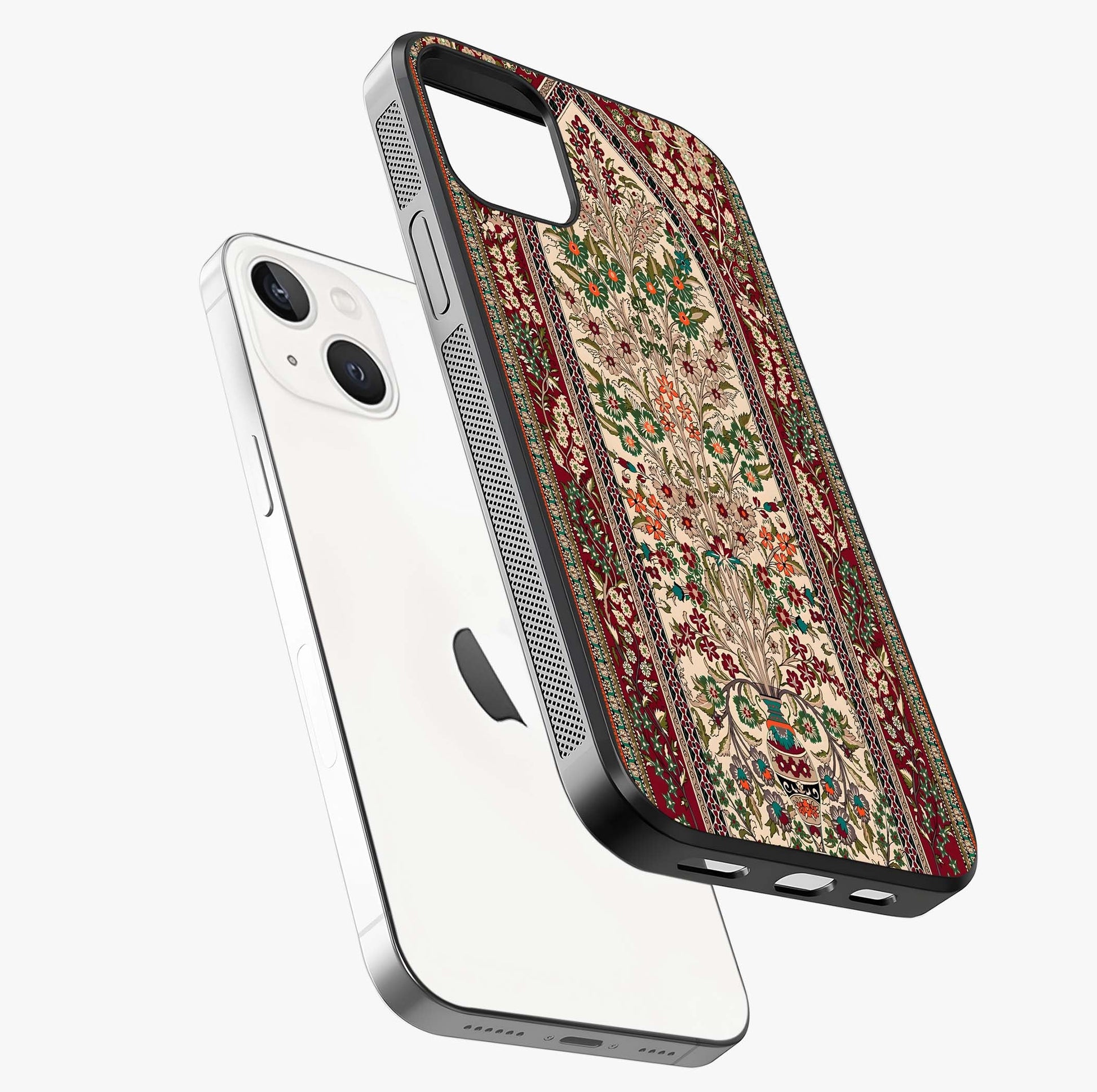 Persian Inspired Glass Case laid diagonally highlighting side profile, edges and glossy glass shine.