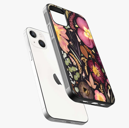 Petal Dream Tapestry Glass Case laid diagonally highlighting side profile, edges and glossy glass shine.