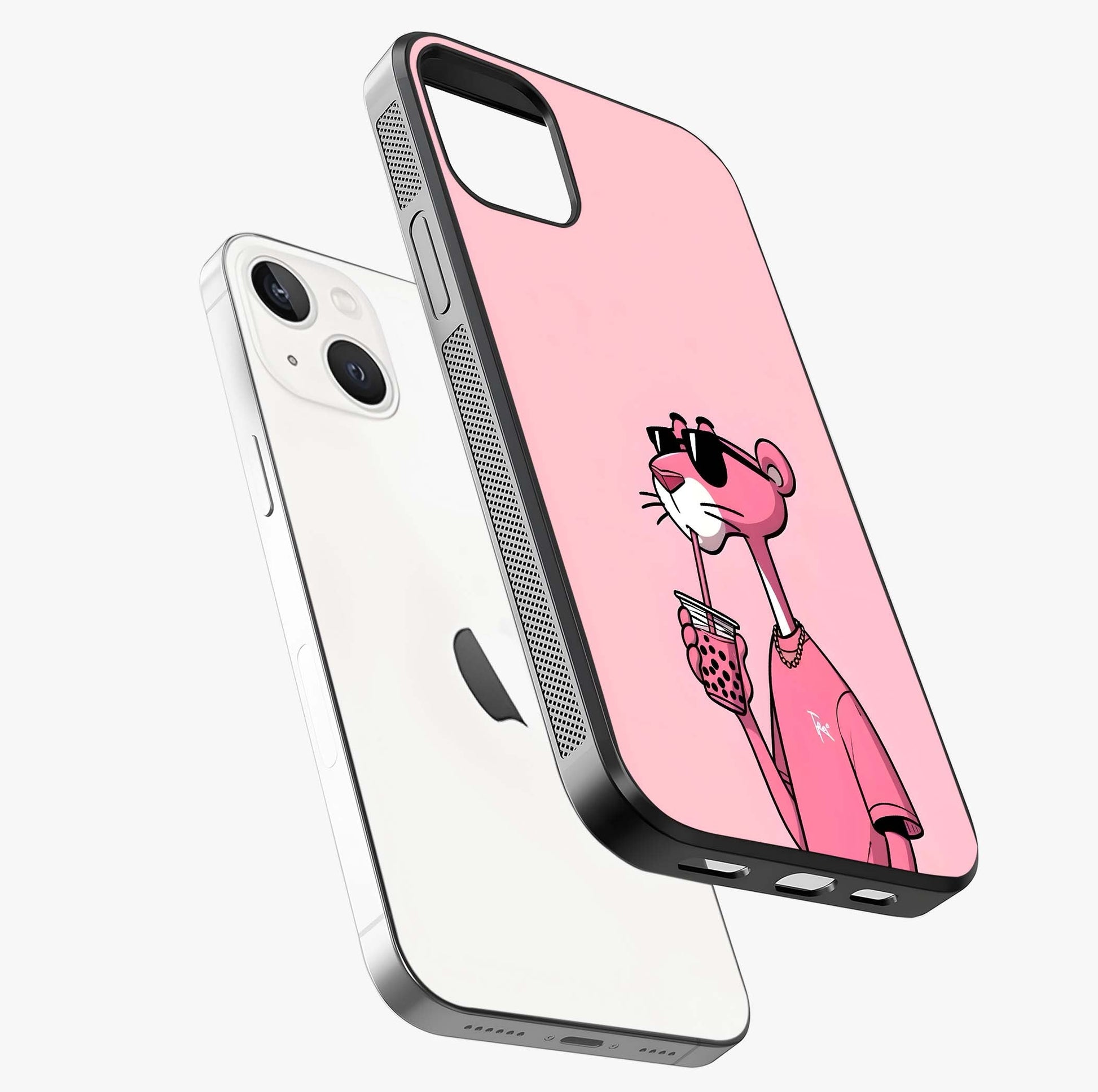 Pink Panther Glass Case laid diagonally highlighting side profile, edges and glossy glass shine.