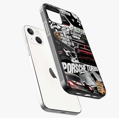 Porsche Racing Collage Glass Case laid diagonally highlighting side profile, edges and glossy glass shine.