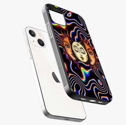 Psychedelic Sun Glass Case laid diagonally highlighting side profile, edges and glossy glass shine.