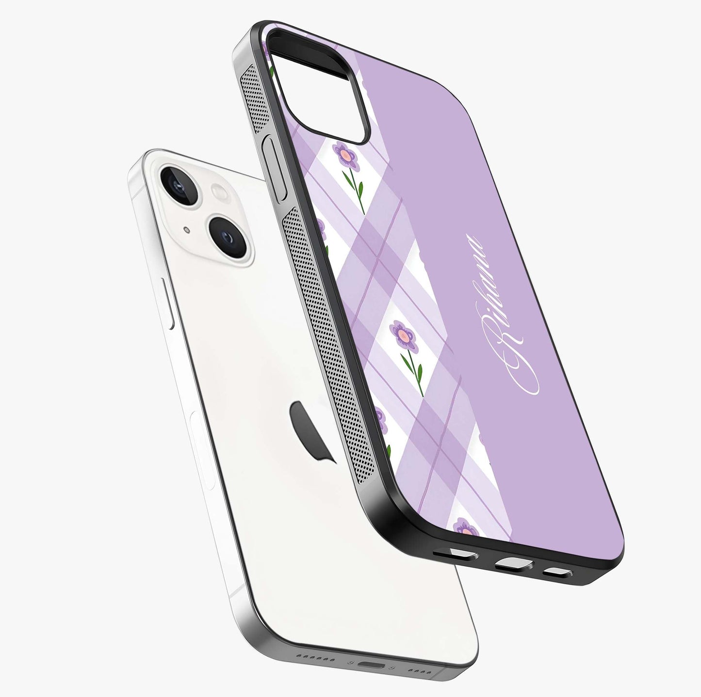 Purple Diamond Floral Glass Case laid diagonally highlighting side profile, edges and glossy glass shine.