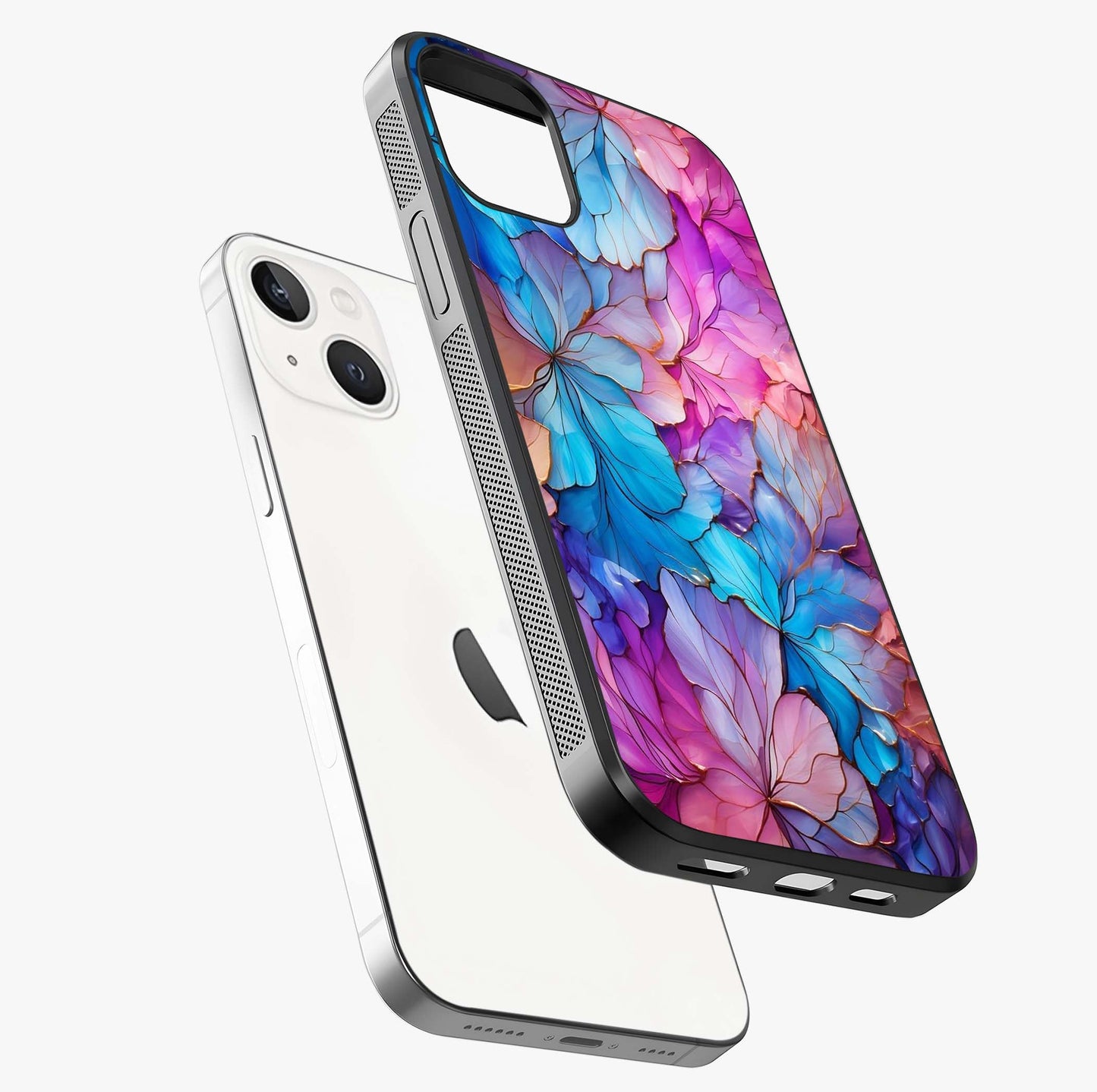 Radiant Floral Whirl Glass Case laid diagonally highlighting side profile, edges and glossy glass shine.