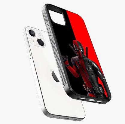 Red & Black Deadpool Theme Glass Case laid diagonally highlighting side profile, edges and glossy glass shine.
