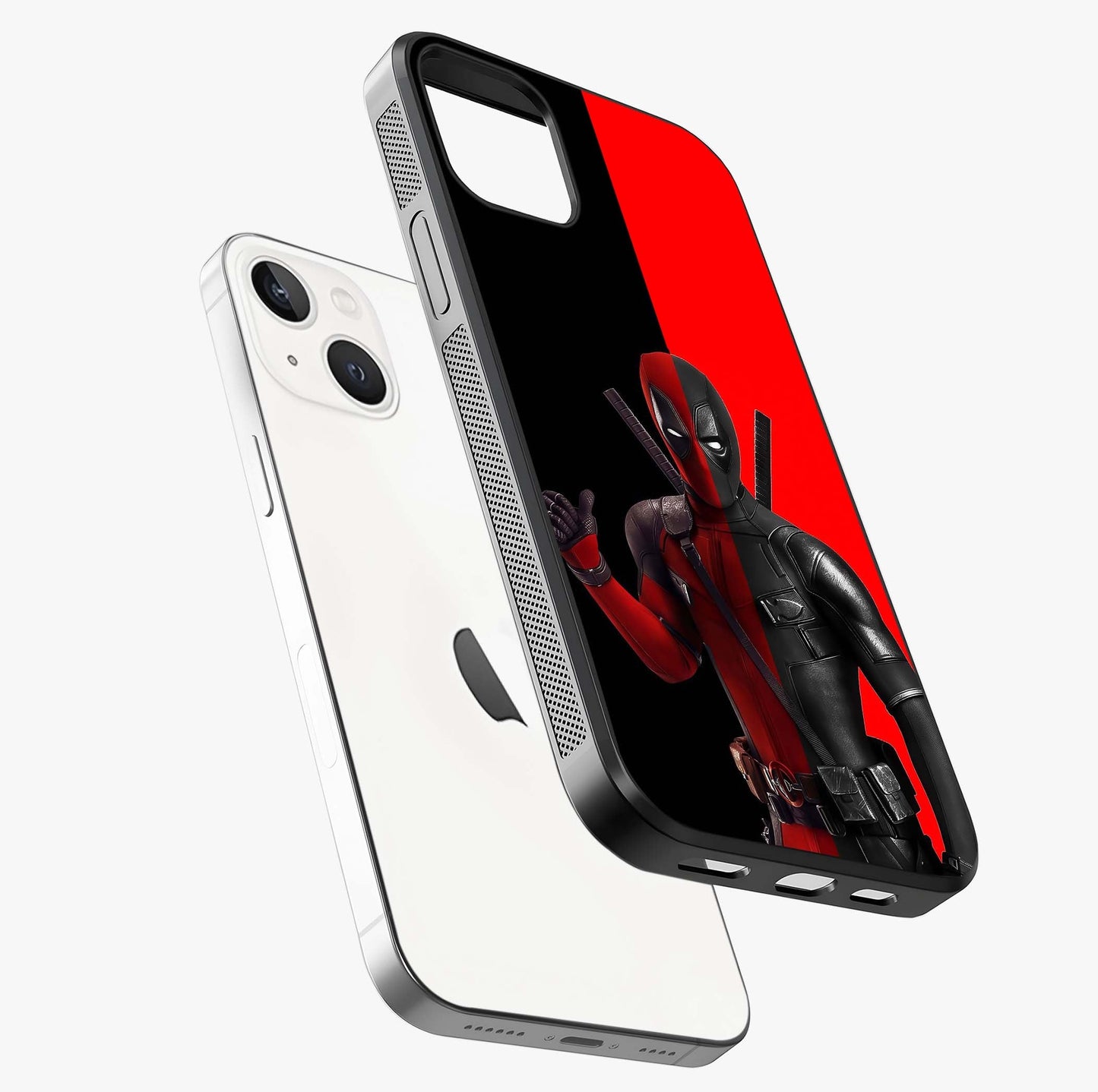 Red & Black Deadpool Theme Glass Case laid diagonally highlighting side profile, edges and glossy glass shine.