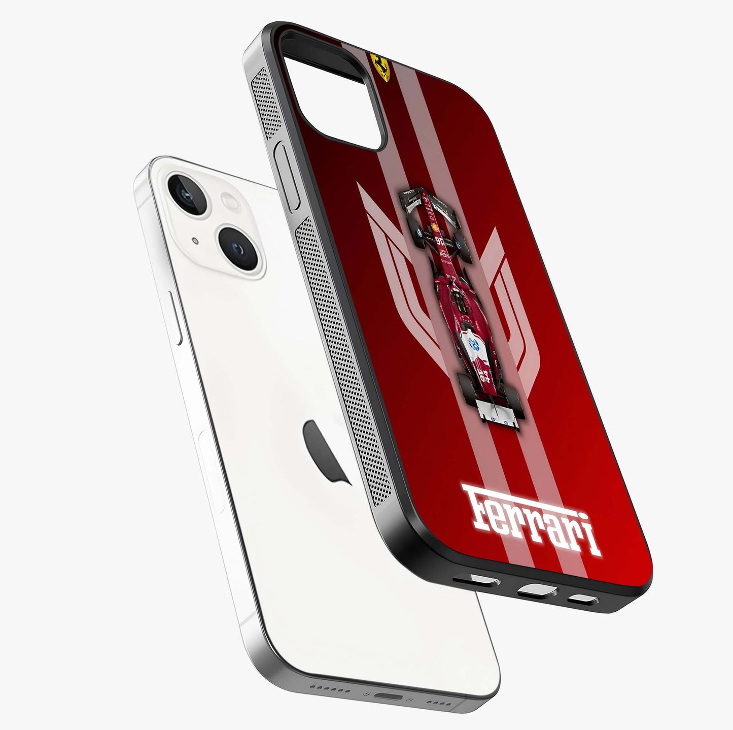 Red Ferrari F1 Vertical Glass Case laid diagonally highlighting side profile, edges and glossy glass shine.